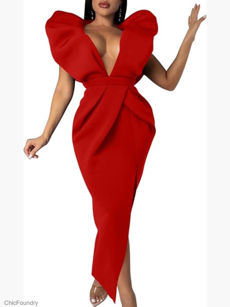Deep V Neck Puff Sleeve Side Split Backless Gown Midi Dress
